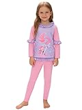 Hansber Kids Girls 2 Pieces Long-Sleeve and Long-Pant Full Coverage Swimsuit Ruffle Trim Design Top and Pants Set Purple 8-9 Years