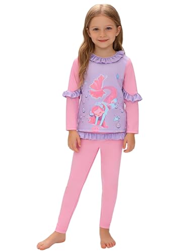 Hansber Kids Girls 2 Pieces Long-Sleeve and Long-Pant Full Coverage Swimsuit Ruffle Trim Design Top and Pants Set Purple 8-9 Years
