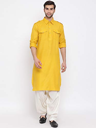 Image of VASTRAMAY Men's Cotton Blend Pathani Kurta Set || Stylish Pathani Style Kurta with Roll Up Sleeves and Relaxed Fit Patiala Salwar