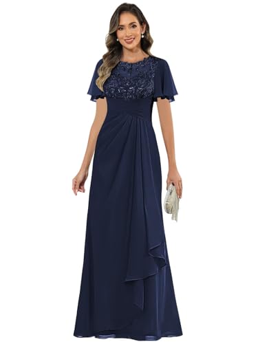 Lace Applique Mother of The Bride Dresses with Short Sleeves Chiffon Pleated Wedding Formal Gown