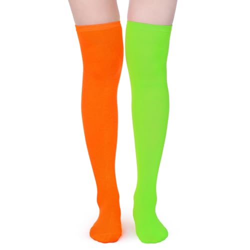 BBTO Calcetines Largos Talla Extra Coloridos encima de Rodilla para Carnaval Navidad(Naranja y Verde, Talla S)