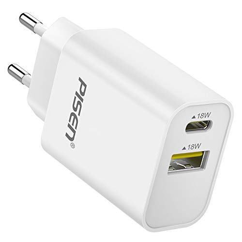 PISEN Cargador USB Pared, Cargador Móvil USB C Rápido con 2 Puertos USB C Power Delivery 3.0 y USB QC 3.0 Máxima de 3A Enchufe Multipuerto Europeo para Phone 11, XR, MacBook Air, Airpods Pro y Más