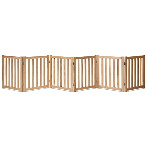 Image of LZRS 6-Panel Extra-Wide Freestanding Wooden Dog Gate Indoor – 24”High Foldable Safety Pet Barrier for Doorways, Hallways, Kitchens, Durable Design fit Small to Medium Dogs, Natural