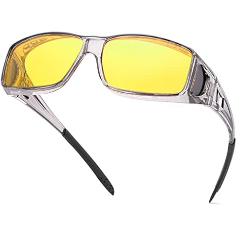MIRYEA Night Vision Glasses for Men Women Polarized Lens Night Safe Driving Sunglasses Oversized Shield Wraparound Fit Over Prescription Eyewear Anti Glare Scratch Resistant Eyeglasses Yellow Lenses Cover