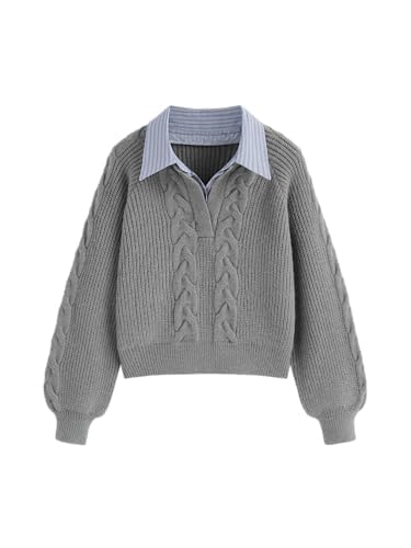 Womens Chunky Cable Knit Shirt Lapel Sweater Fall Winter Fashion Warm Long Sleeve Pullover Sweaters