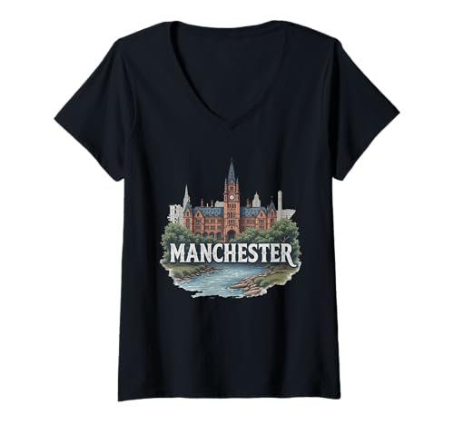 Mujer Recuerdo vintage de paisaje retro de Manchester Camiseta Cuello V