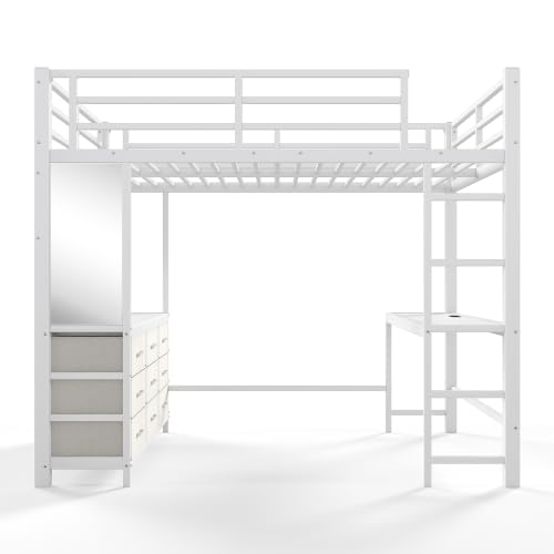 Image of Bellemave Metal Full Loft Bed Frame with Desk, Storage Drawers,USB,Mirror for Adults, Kids,Teens,White