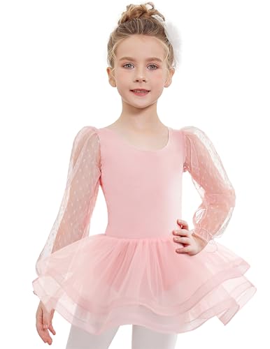 Arshiner Girls Ballet Dress Tutu Long Sleeve Kids Dance Gymnastics Leotard with 3-Layers Tiered Skirt Ballet Outfit Ballerina Costume Dancewear for Girl Pink 5–6 Years