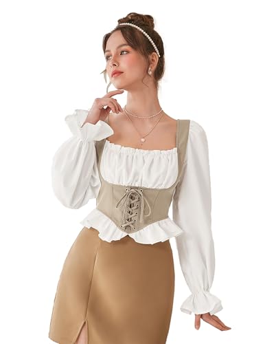 Image of ICW Women French Style Retro Vintage Lace-Up Layered Fake Two-Piece Puff Sleeve Ruffled Crop Blouse Corset Top Dn88