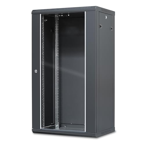 WAYTEX 37406M Coffret Armoire Réseau 19 Pouces 22U – L 600 x P 450 x H 1082mm – Mural ou posé sur Pieds Fournis - Porte vitrée à Serrure - Couleur Noir...