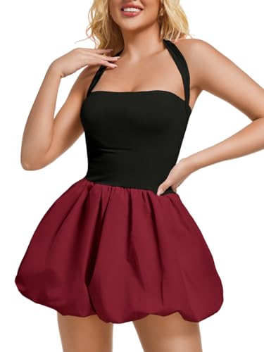 Image of ChiaoLezhee Halter Mini Bubble Dress, Date Night Birthday Homecoming, Coquette Short Corset for Women, Sexy Cute Going Out