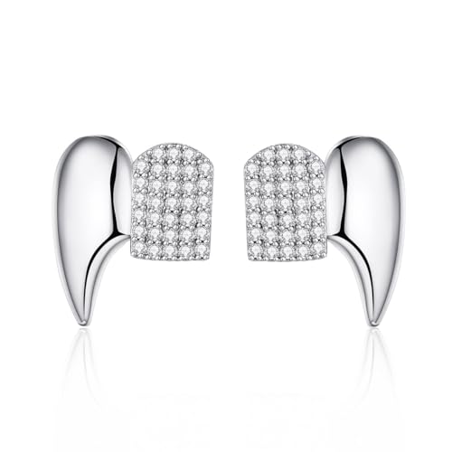Gothic Vampire Diamond Grills Teeth Grillz Diamond Grills for Your Teeth 18k Gold Plated Double Tooth Grizz Caps Vampire Bat Fang Iced Out CZ Diamonds Accessories Gothic Halloween Cosplay Party Jewelry for Men and Women (Silver)