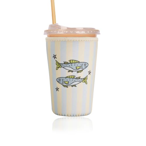 Image of Reusable Insulated Sleeve for Iced Coffee Cup, Coffee Neoprene Sleeve for Cold & Hot Drinks, Beverage Holder for Iced Coffee (Fish Stripes, Medium: 22-24oz)