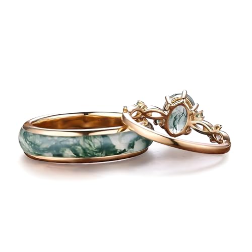 Natural Moss Agate Wedding Rings for Couple, S925 10K 14K 18K Gold Couple Rings Customized Promise Bands Sets for Him and Her for Anniversary Engagement Wedding-043