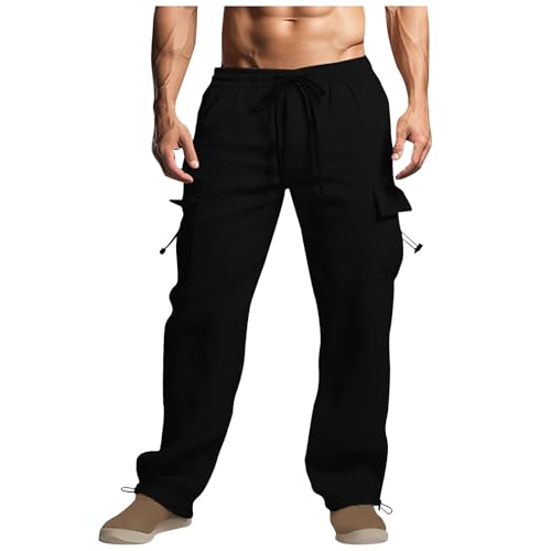 Linen Cargo Pants Men Relaxed Drawstring Pants Elastic Waist Multi Pack Pants Lightweight Lounge Pants Loose Trousers
