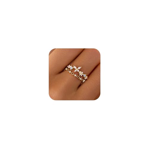 LOVECOM 925 Sterling Silver Cute Butterfly Daisy Flower Rings for Women 14K Gold Plated 2 Layered Colorful Opal CZ Floral Boho Stackable Statement Ring Jewelry Birthday Gifts to Daughter (Gold)