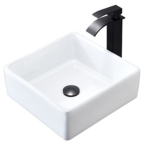 Square Bathroom Sink And Faucet Combo-Hovheir 15X15 Inch Above Counter Bathroom Vessel Sink White Washing Basin Bowl Sinks Small Sink Witch Matte Black Faucet And Pop-Up Drain Combo #TOP4