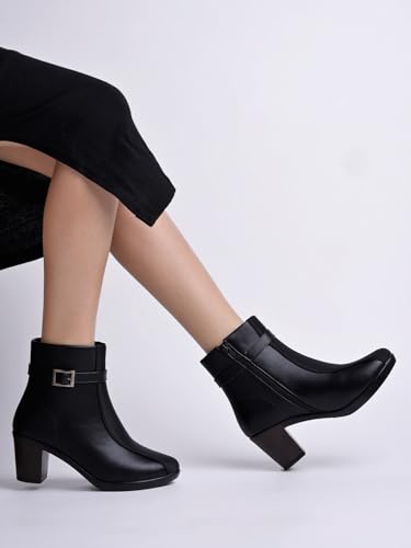 Image of Women's Faux Leather Ankle Boots with Mid Heel and Buckle Strap || Side Zipper Comfort Booties for Fall & Winter