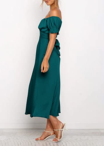 Kirundo 2023 Summer Women's Satin Midi Dresses Off Shoulder Wrap Ruched Wedding Guest Party Cocktail Formal Prom Dress(Dark Cyan, Small) #TOP4
