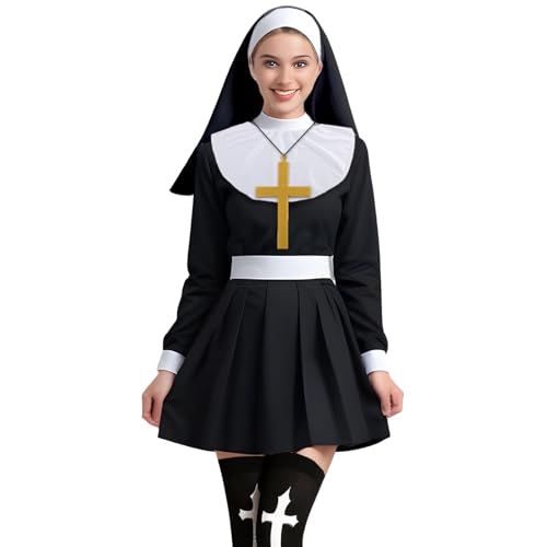 FairyPeach 5-Teiliges Set Nonnenkostüm, Nonnenkostüm Damen, Karneval Nonnenkostüm, Nonnenzubehör mit Nonnentiara, Kragen, Handschuhen,...