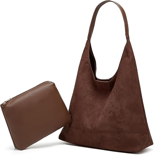 Bryqona Dark Brown Hobo, Leather Slouchy Shoulder Bag, Vintage Suede