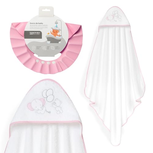 Interbaby - Capa de Baño Bebé + Gorro Ajustable | Toalla con Capucha 100% Algodón Unisex | Suave, Secado Rápido | Ideal para Recién Nacidos, Bebes y Niños Pequeños | Diseño Oso Elefante Globos
