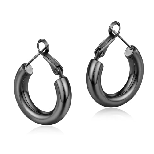 sovesi Chunky Black Hoop Earrings for Women, Chunky Thick Small Hoops 22mm