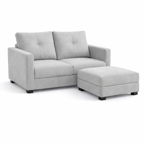 Image of FURNY Heritage 2 Seater Fabric Sofa Set with 1 Ottoman (Light Grey) with Velvet Finish | Durable Comfort | Ideal for Living Room