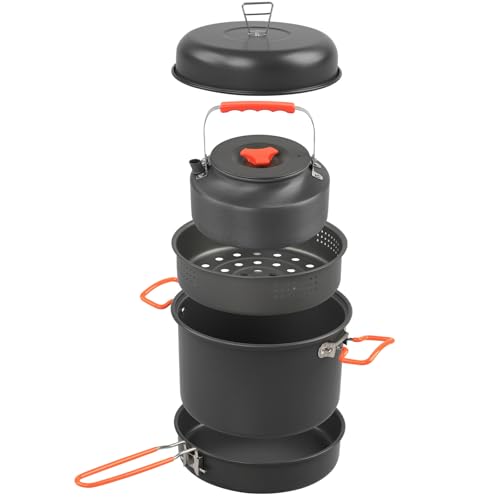 Batterie de cuisine de camping en aluminium avec bouilloire et plateau vapeur léger