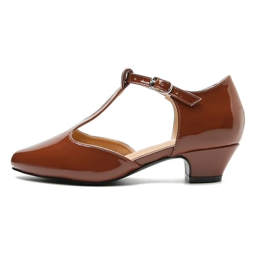 Image of MAIERNISI JESSI Women's T-Strap Mary Jane Pumps, Low Block Heel, Closed Toe, Buckle Ankle Strap