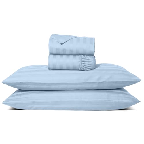 Image of TEXAS LINEN CO. 100% Egyptian Cotton Full Size Sheet Set - Luxury 1000 Series Lonestar Lovin' Damask Bed Sheets Full Size (4 PC, Light Blue Stripe), 16 inch Deep Pocket Extra Long Staple Hotel Sheets