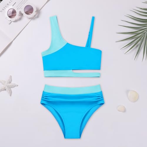 Image of Girls 2 Piece Bathing Suits Kids Color-Blocking High Waist Bikini Set Teen Swimsuit Beach Swimwear for 3-16 Years
