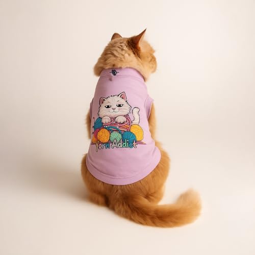 Image of Thunder Tails Printed Cat T-Shirt for Small to Large Cats & Kittens | Lightweight Breathable Cotton Pet Apparel | Cute & Stylish, Comfortable Round Neck Cat Clothes (L, Lilac)
