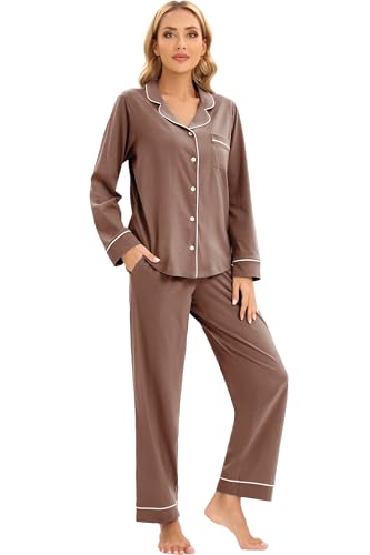 Image of LUBOT 100% Cotton Pajamas for Women Pajama Set Soft 2 Piece Sleepwear PJ Set Long Sleeve Knit Button Cozy Loungewear XS-XXL