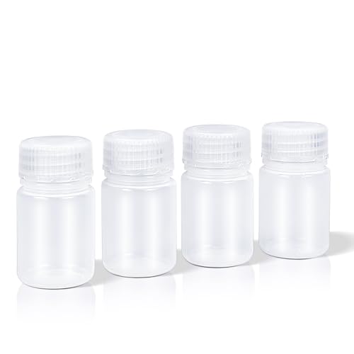 DEMORA 1 oz Small Plastic Bottles with Caps Airtight Refillable Wide Mouth Travel Bottles for Toiletries PP Food Grade Plastic Containers for Liquids Pill Sample Lab Reagent (Clear 4 Pcs)