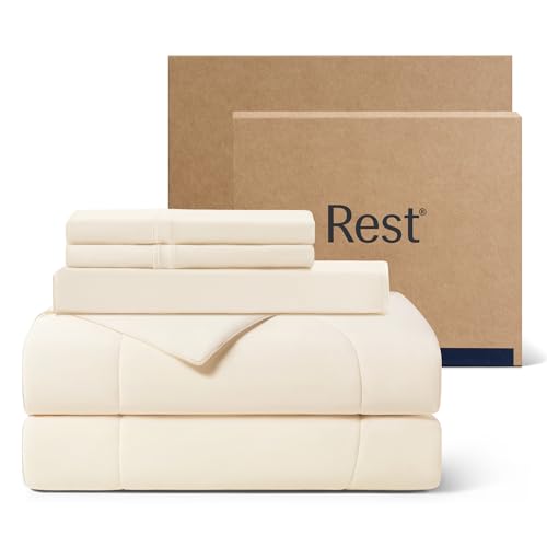 REST Evercool+ Cooling Comforter Set Queen Snow Ivory 4pcs with Cooling Blanket Wrinkle-Free Deep Pocket Fitted Sheet 2 Silver-Infused Pillowcases for Skin and Hair Bed Set for Ultra Comfort
