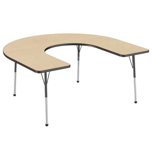 Image of FDP Horseshoe Activity School and Office Table (60 x 66 inch), Standard Legs with Ball Glides for Collaborative Seating Environments, Adjustable Height 19-30 inches - Maple Top and Black Edge