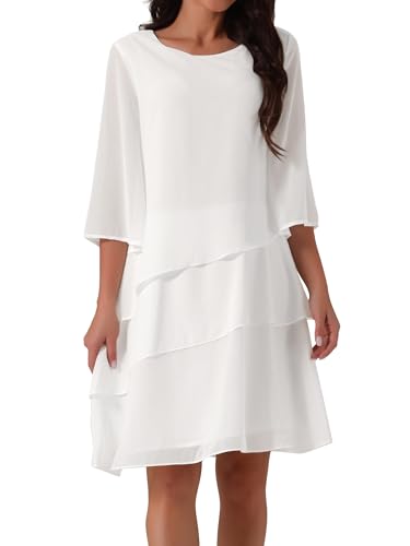 Image of Seta T Women's Chiffon Dresses 3 /4 Bell Sleeve Crewneck Tiered Layered Flowy Dress Party Wedding Outfits
