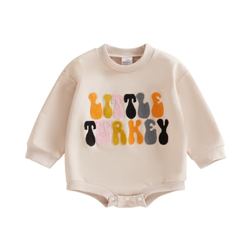 Image of VISGOGO Newborn Baby Girl Boy Bubble Romper 3 6 9 12 18M Onesie Sweatshirt Long Sleeve Oversized Fall One-Piece Bodysuit (Khaki-Little Turkey, 6-12 Months)