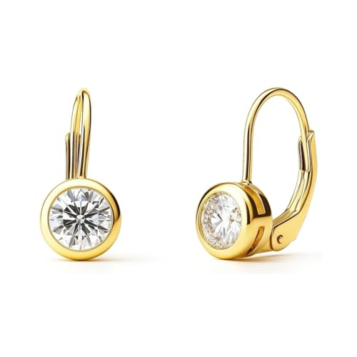 BERRICLE Yellow Gold Flashed Sterling Silver Solitaire Leverback Drop Dangle Earrings for Women, 1.2 Carat Bezel Set Round Cut Cubic Zirconia CZ, Clear, Gold Flashed by BERRICLE - Used condition - US$36.01
