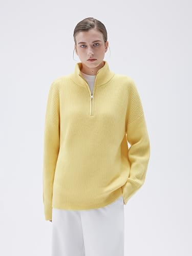 Image of SUUKSESS Women Cashmere Blend Oversized Quarter Zip Pullover Sweater Long Sleeve Collared Ribbed Knit Jumper Tops