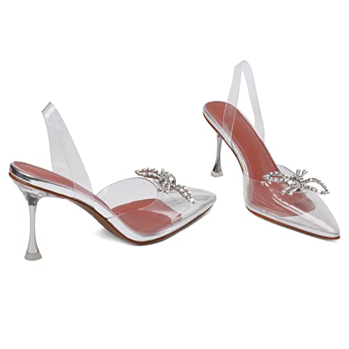 AUMOTED Women Slingback Clear Pumps Pointed Toe Metallic Stiletto High Heel Rhinestone Pumps Ankle Strap Dress Shoes Wedding 3.5 Inch3