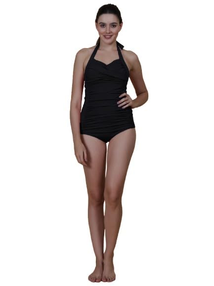 fytte Women's Halter Neck Tummy Control One-Piece Romper Tankini Swimsuit – Vintage Retro Swimwear, Red-picture-44