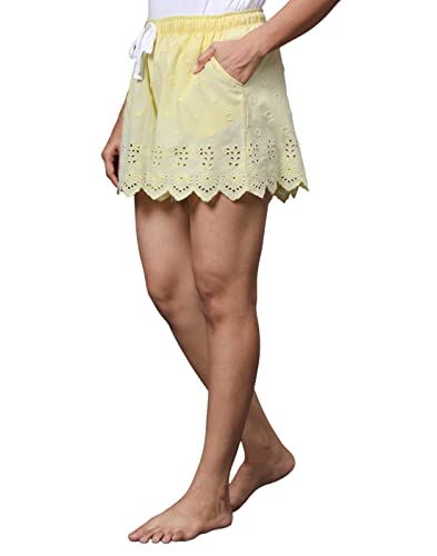 Image of B STORIES Women's Cotton Yellow Embroidery Lounge Shorts (LSHOR-004-18015-M, Medium, Yellow)