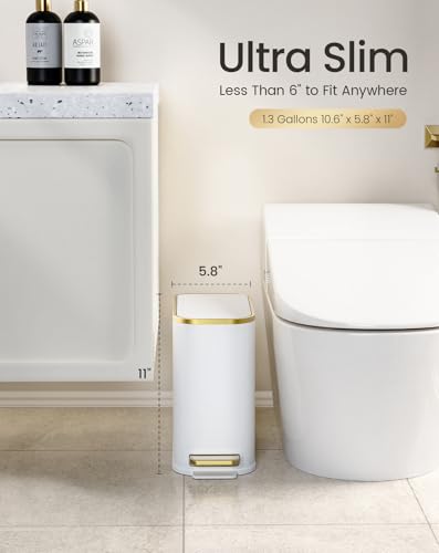 Image of Cesun Small Bathroom Trash Can with Lid Soft Close, 5 Liter /1.3 Gallon Stainless Steel Garbage Can with Removable Inner Bucket, Step Pedal, Slim Waste Basket for Toilet, Office, Bedroom (White&Gold)