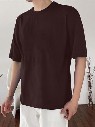 Image of LEOTUDE Half Sleeve Oversized Tshirt for Men, Round Neck Cottonblend Drop Shoulder Solid T-Shirt