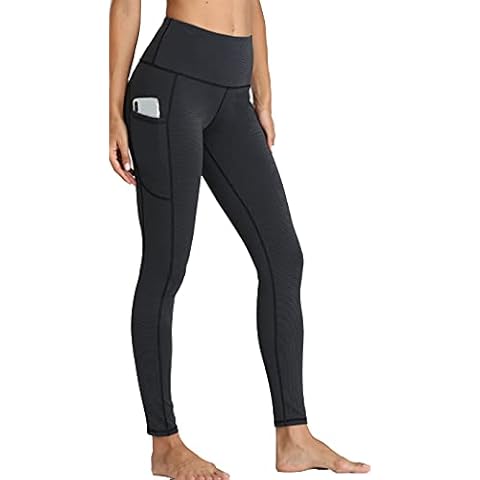 Oalka Women Yoga Pants Workout Running Leggings, Outside Pockets Black Stripe, Large Cover