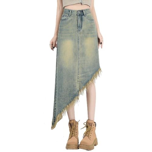 Vintage High Waist A-Line Denim Skirt for Women Fashion Medium Irregular Casual Long Tassel Skirts