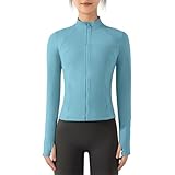 crazynekos Chaqueta de entrenamiento para mujer, con cremallera, para yoga, felpa, recortada, atlética, ajustada, con agujero para el pulgar, azul, M