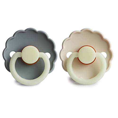 Image of FRIGG Daisy Night Natural Rubber Baby Pacifier | Made in Denmark | BPA-Free (French Gray /Croissant, 0-6 Months) 2-Pack